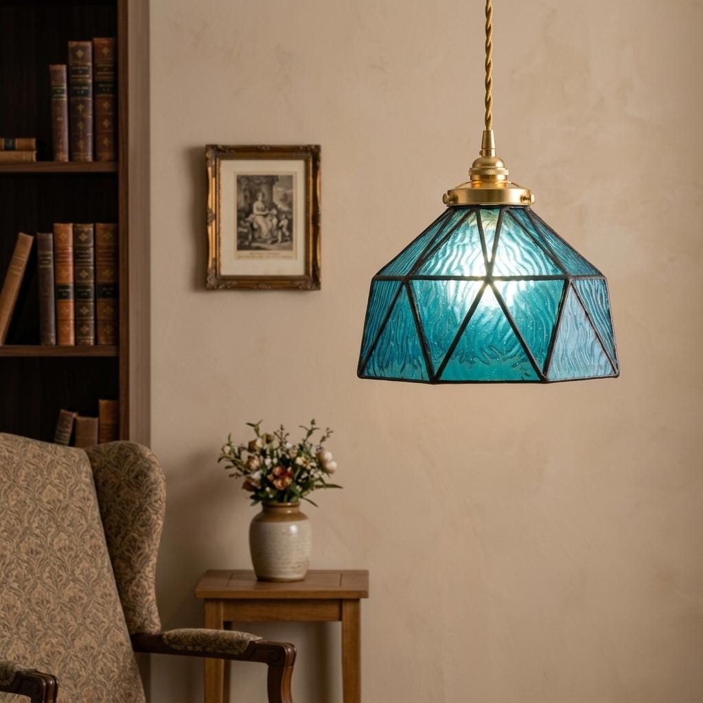 Teal Geometric Stained Glass Pendant Light, Textured Vintage Style Hanging Lamp