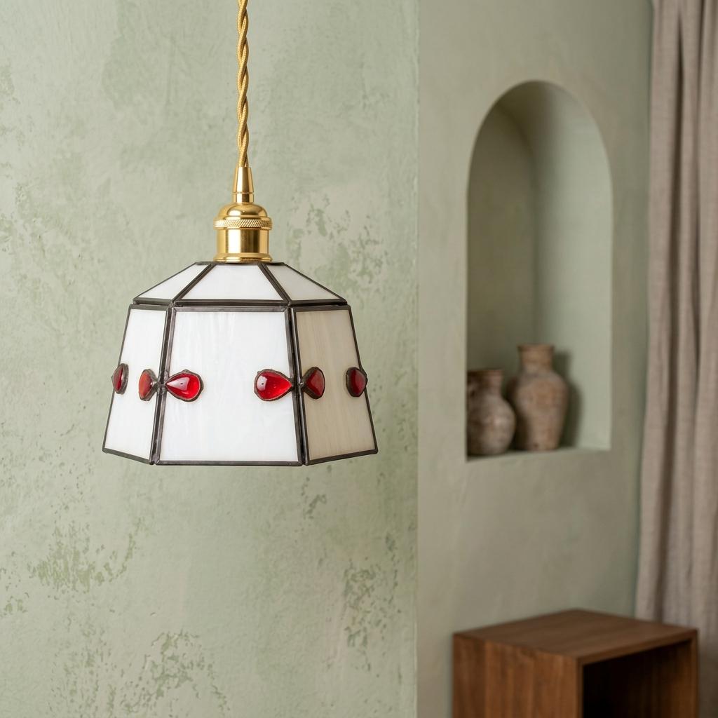 Small Stained Glass Pendant Light, White Red Accent Hanging Lamp