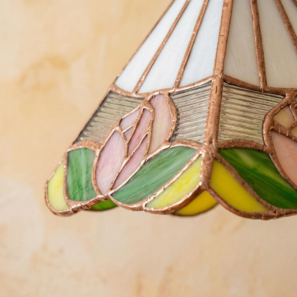 Stained Glass Pendant Light Shade, Rose Floral Tiffany Style Lamp Shade, Small Vintage Hanging Lamp Shade, Cottagecore Glass Decor