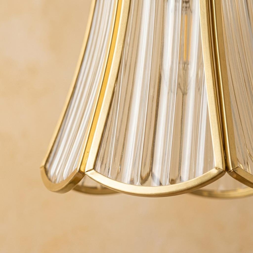Clear Fluted Glass Pendant Light, Brass Tone Art Deco Hanging Lamp
