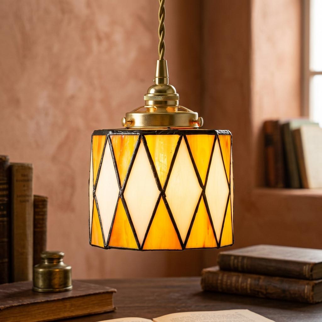 Handmade Geometric Stained Glass Pendant Light, Amber Orange Yellow Boho Fixture
