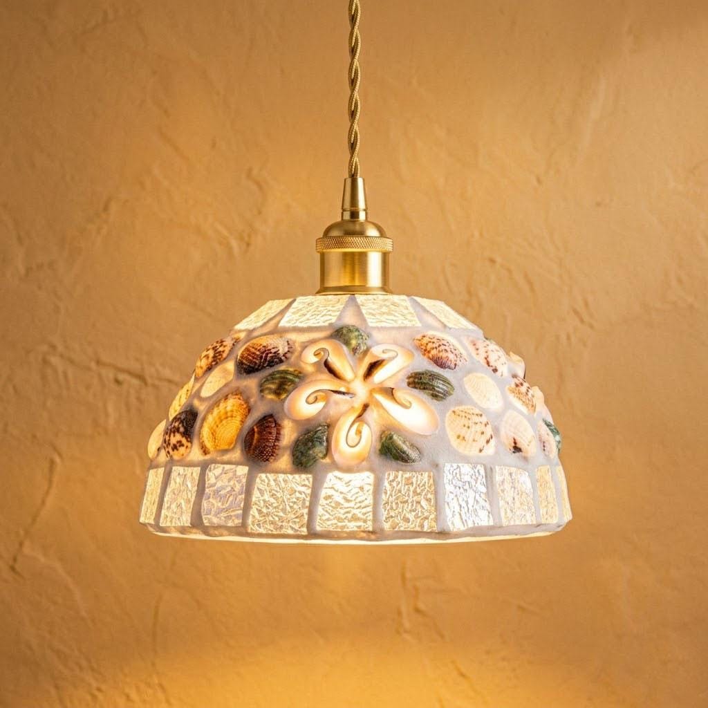 Seashell Mosaic Glass Pendant Light , Coastal Beach Decor, Handmade Ocean Inspired Art Lamp