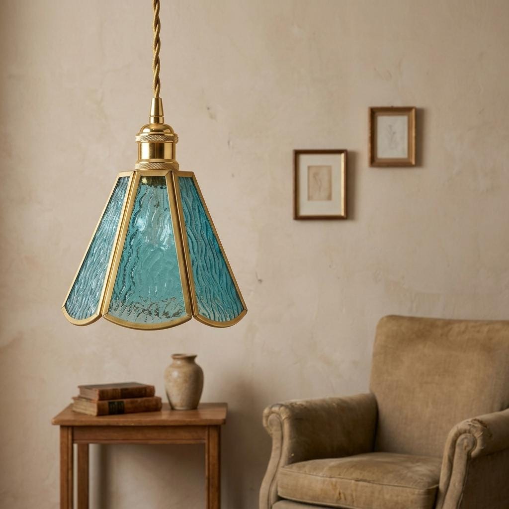 Handmade Teal Blue Stained Glass Pendant Light, Art Deco Brass Trim Hanging Lamp