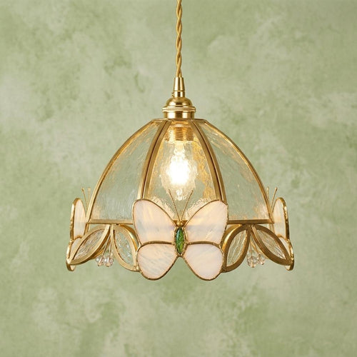 Butterfly Stained Glass Pendant Light, Handmade Tiffany Style Hanging Lamp Shade, Pink Floral Dome Light for Cottagecore Nursery Decor