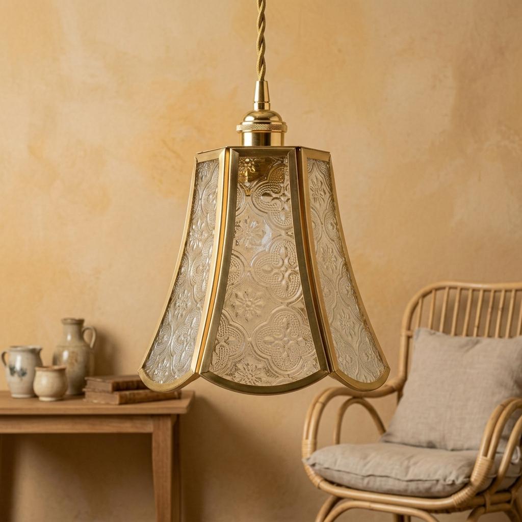 Clear Embossed Glass Pendant Light, Vintage Brass Floral Hanging Lamp