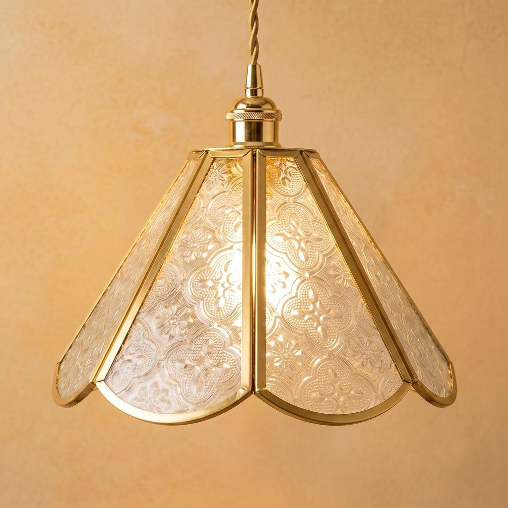 Clear Patterned Glass Pendant Light, Gold Scalloped Hanging Lamp, Vintage Style Fixture