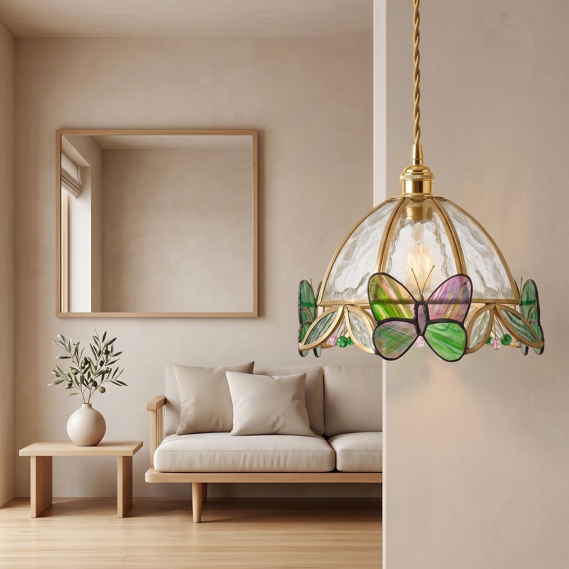 Green Butterfly Stained Glass Pendant Light, Handmade Dome Hanging Lamp, Cottagecore Tiffany Style Ceiling Light for Bedroom Decor