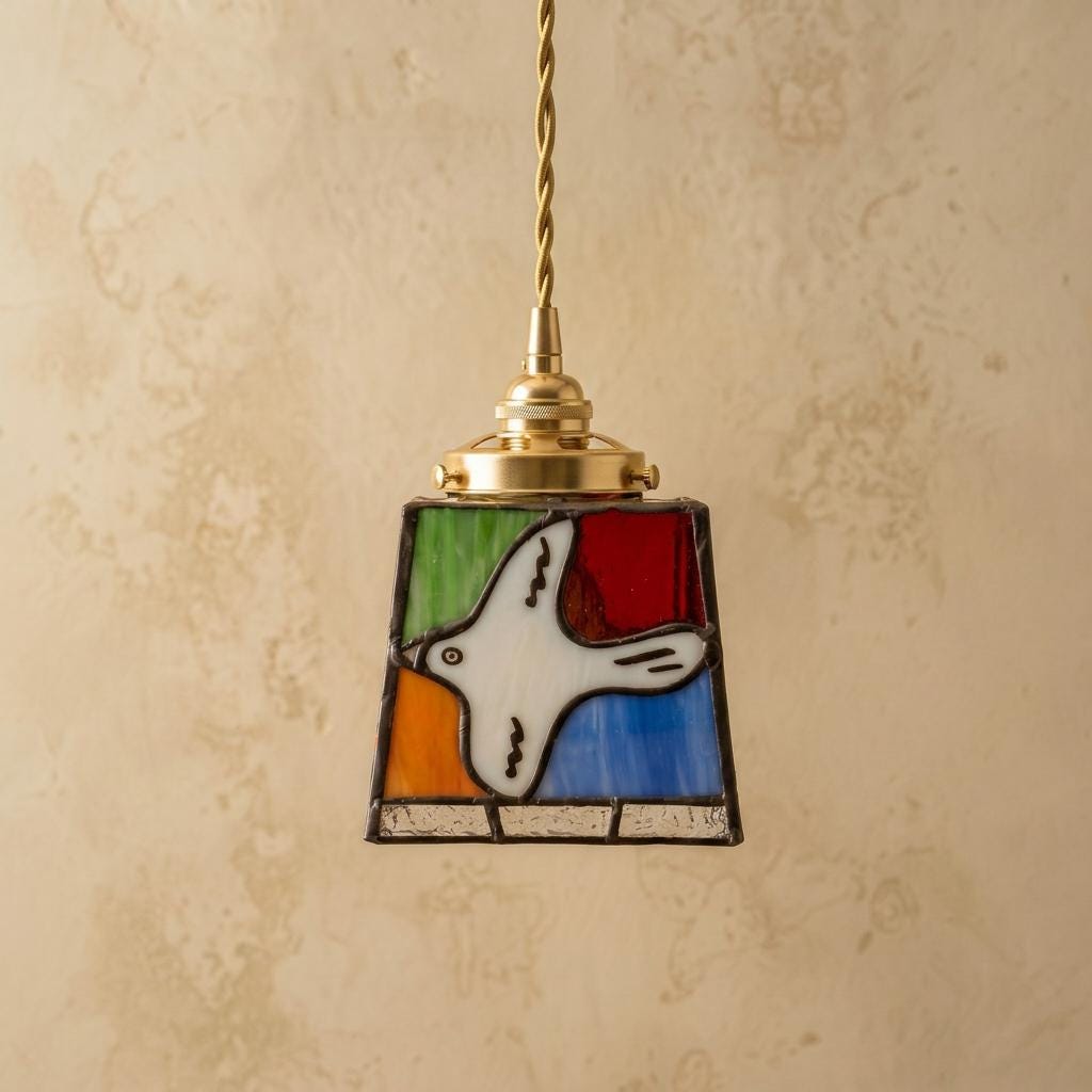 Handmade Stained Glass Pendant Light, White Bird Hanging Lamp, Colorful Boho Fixture