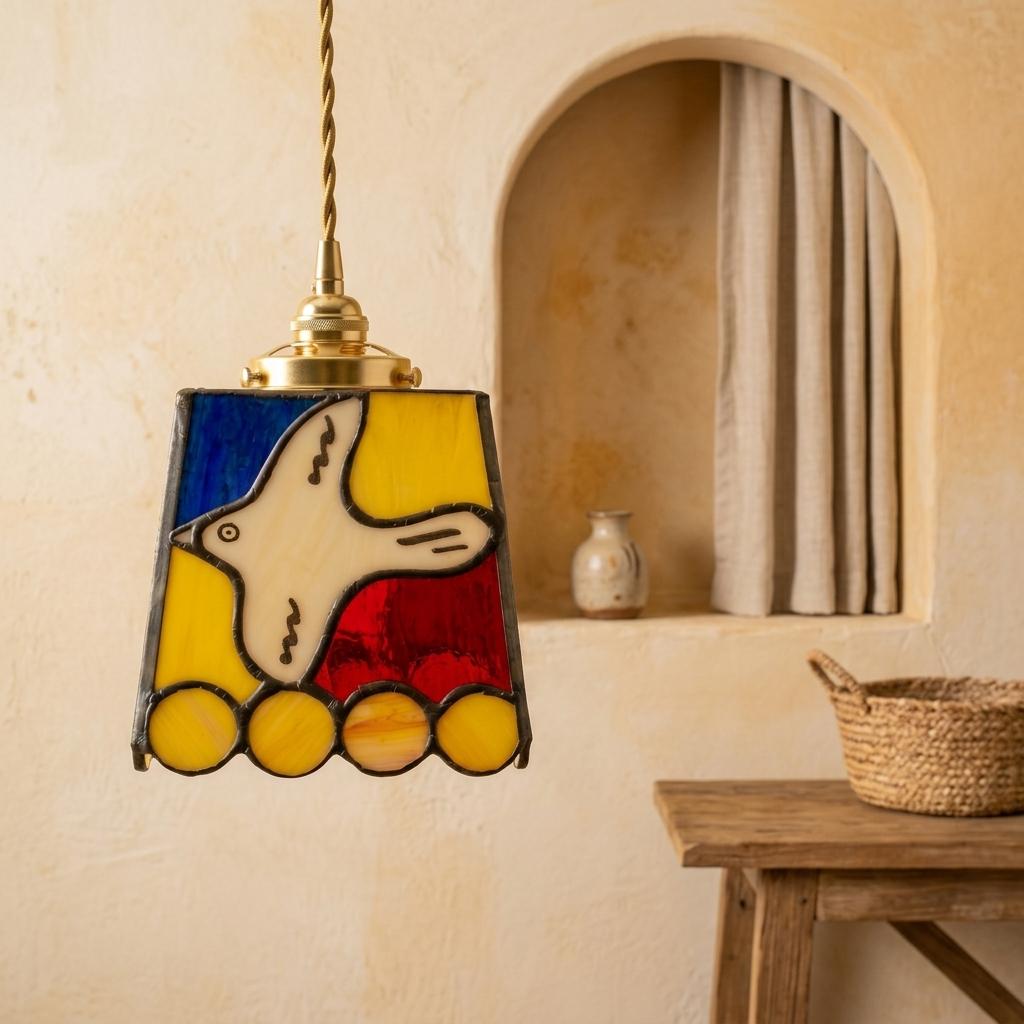 Stained Glass Pendant Light, Colorful White Dove Hanging Lamp, Small Tiffany Style Bird Ceiling Light, Boho Accent Lighting