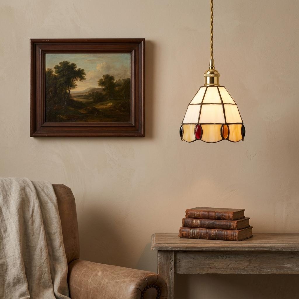 Stained Glass Pendant Light, Cream and Amber Scalloped Mini Hanging Lamp, Tiffany Style Jewel Accent Ceiling Light