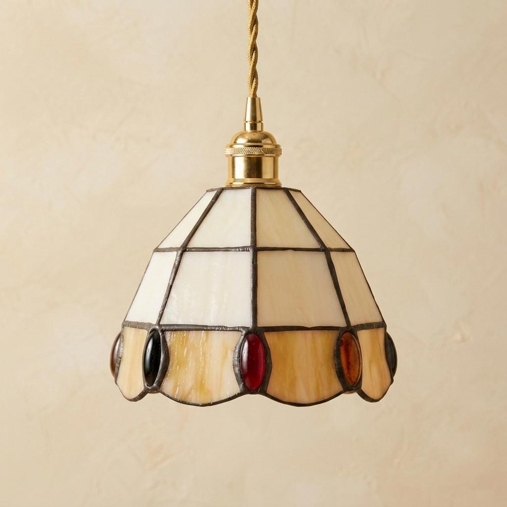 Stained Glass Pendant Light, Cream and Amber Scalloped Mini Hanging Lamp, Tiffany Style Jewel Accent Ceiling Light