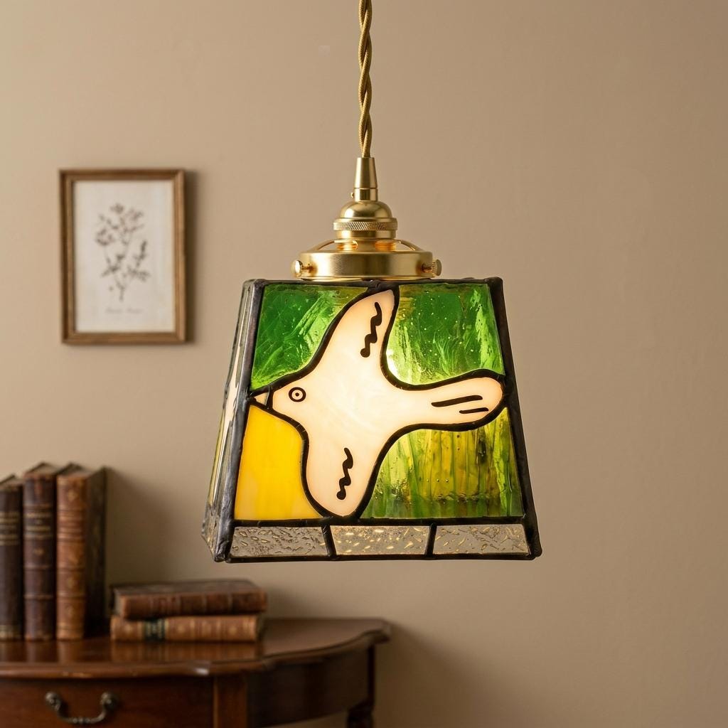 White Dove Stained Glass Pendant Light, Green Yellow Tiffany Style Hanging Lamp, Peace Bird Ceiling Light, Whimsical Home Decor
