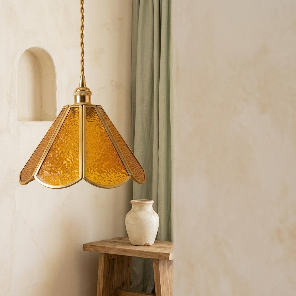 Amber Scalloped Glass Pendant Light, Vintage Honey Gold Ceiling Fixture