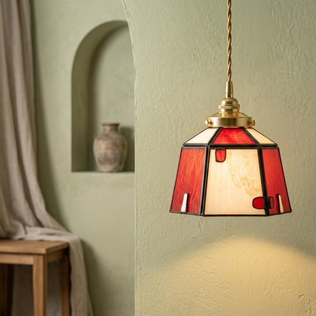 Red Cream Geometric Stained Glass Pendant Light, Artisan Hanging Lamp, Kitchen Entryway Decor