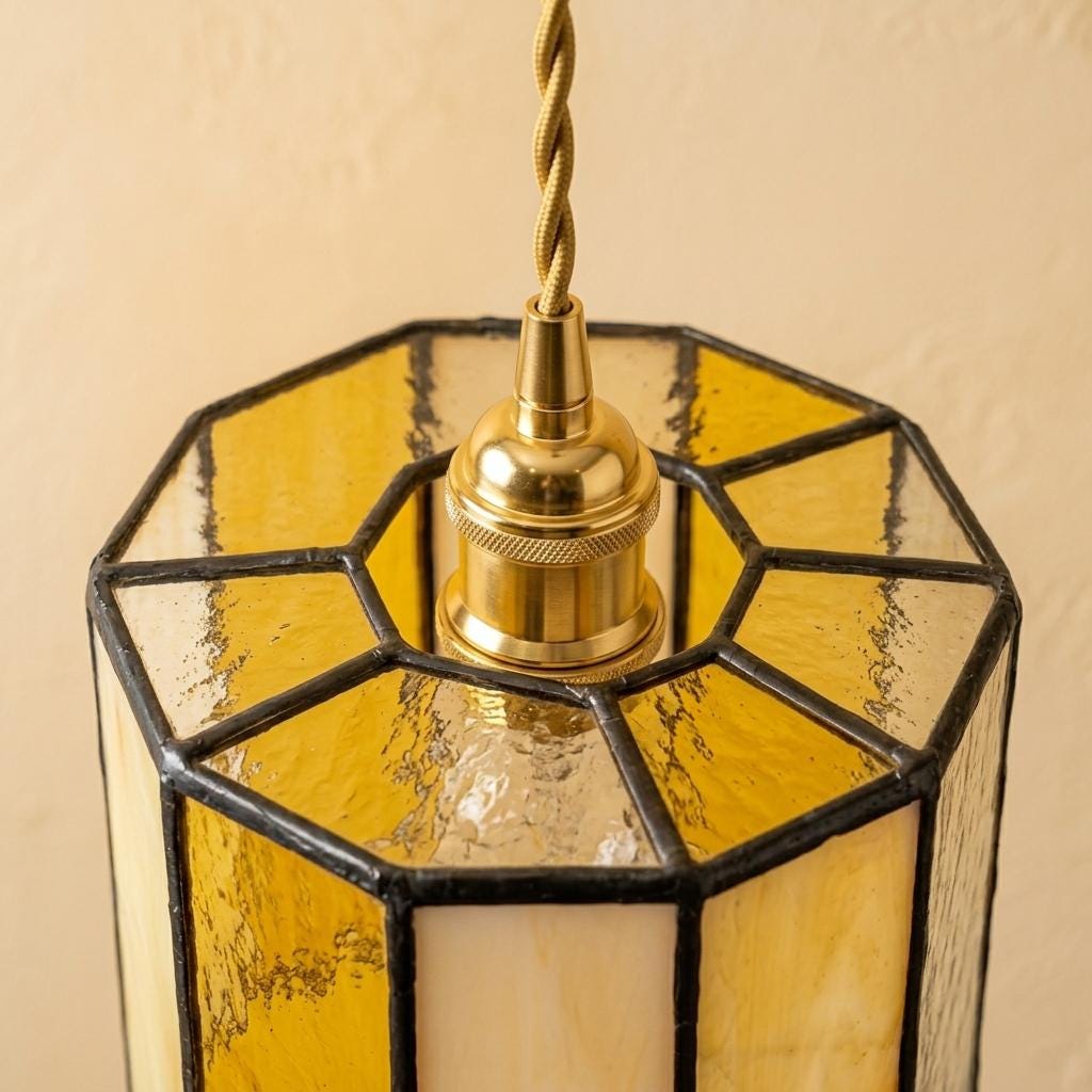 Cream Amber Stained Glass Pendant Light, Geometric Cylinder Hanging Lamp