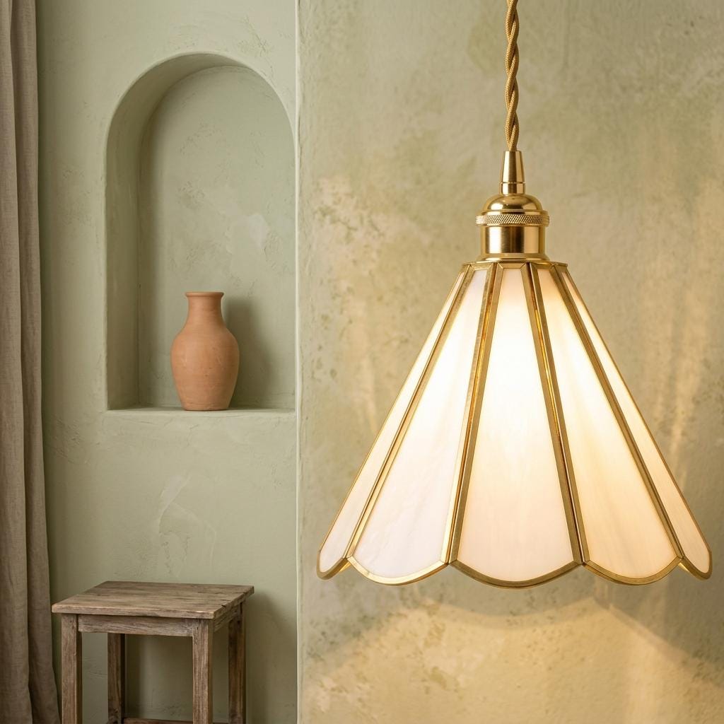 Stained Glass Pendant Light, Ivory White Scalloped Hanging Lamp, Tiffany Style Gold Ceiling Fixture, Cottagecore Kitchen Lighting