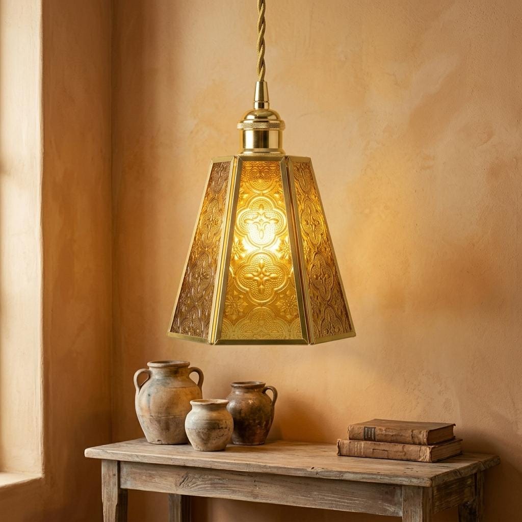 Amber Glass Pendant Light, Ornate Gold Floral Pattern Hanging Lamp