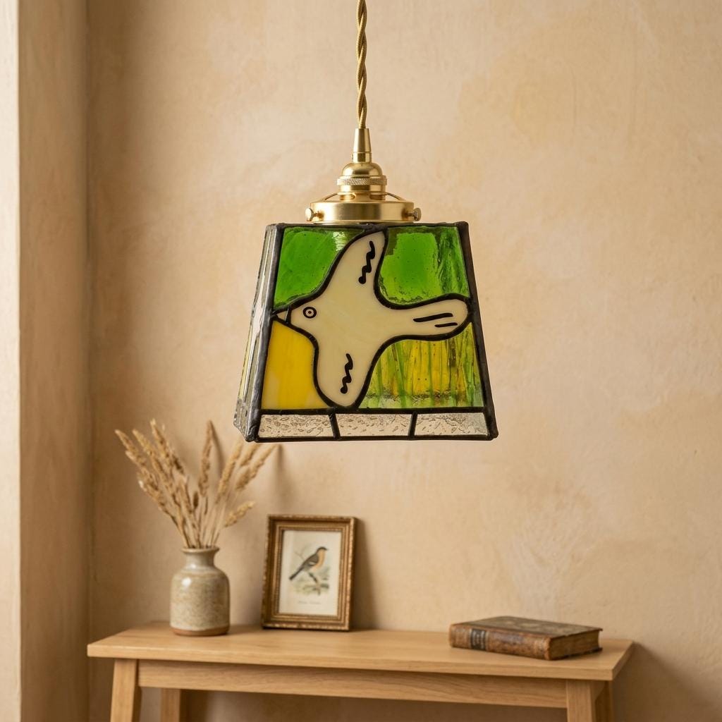 White Dove Stained Glass Pendant Light, Green Yellow Tiffany Style Hanging Lamp, Peace Bird Ceiling Light, Whimsical Home Decor