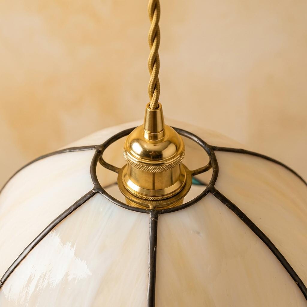 Stained Glass Pendant Light, Cream Scalloped Flower Hanging Lamp, Small Tiffany Style Ceiling Fixture, Cottagecore Decor