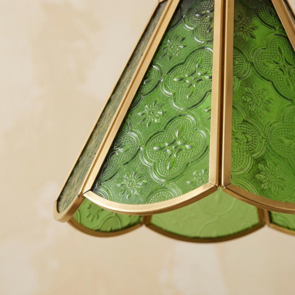 Green Stained Glass Pendant Light, Scalloped Floral Hanging Lamp, Tiffany Style Vintage Ceiling Light, Cottagecore Decor