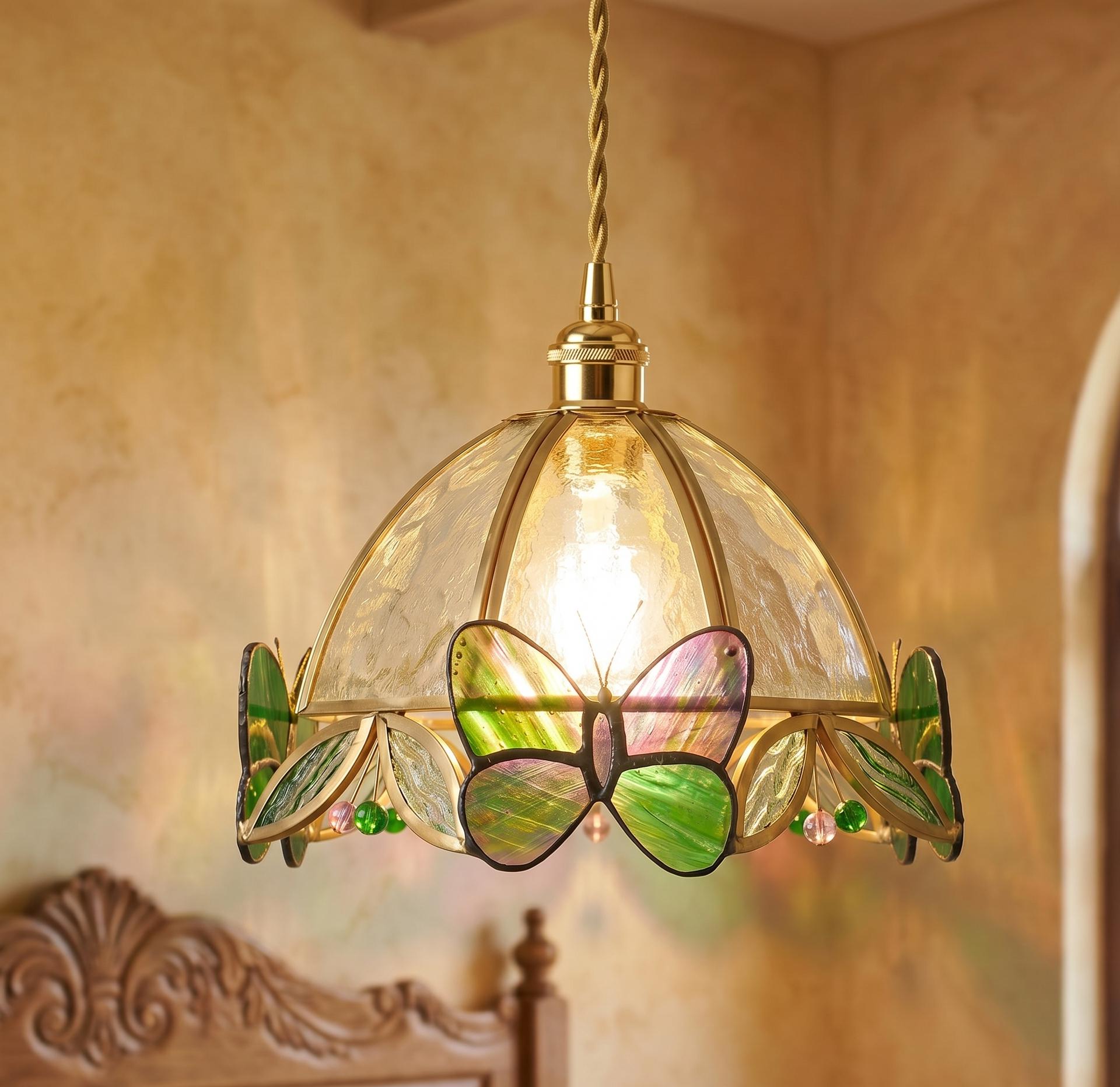 Green Butterfly Stained Glass Pendant Light, Handmade Dome Hanging Lamp, Cottagecore Tiffany Style Ceiling Light for Bedroom Decor