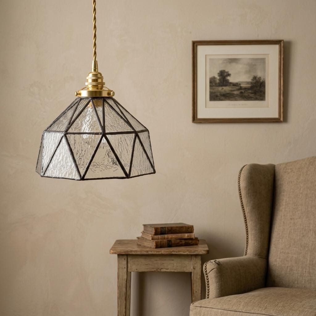 Stained Glass Pendant Light, Clear Textured Geometric Hanging Lamp, Faceted Tiffany Style Ceiling Light, Art Deco Dining Room Fixture