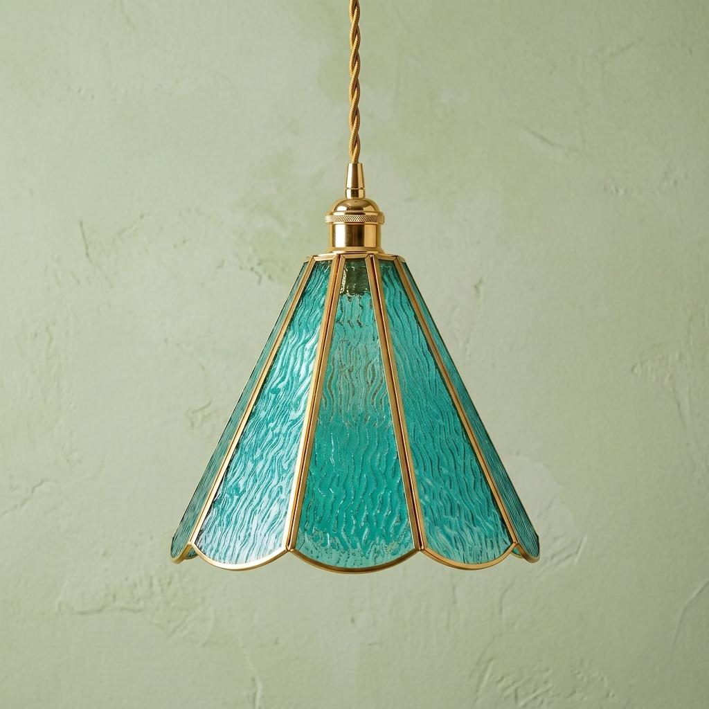 Turquoise Stained Glass Pendant Light, Scalloped Petal Shade, Vintage Cottagecore Decor