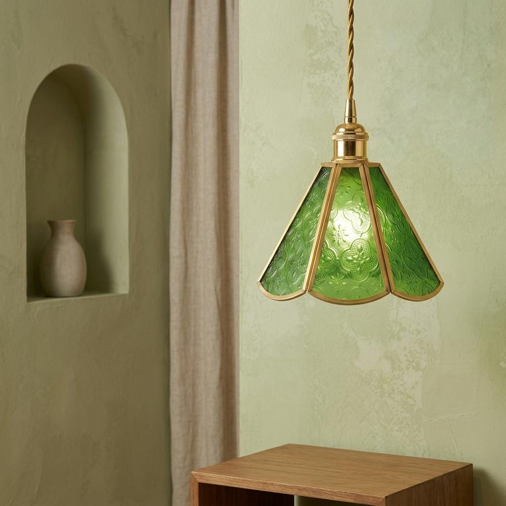 Green Stained Glass Pendant Light, Scalloped Floral Hanging Lamp, Tiffany Style Vintage Ceiling Light, Cottagecore Decor