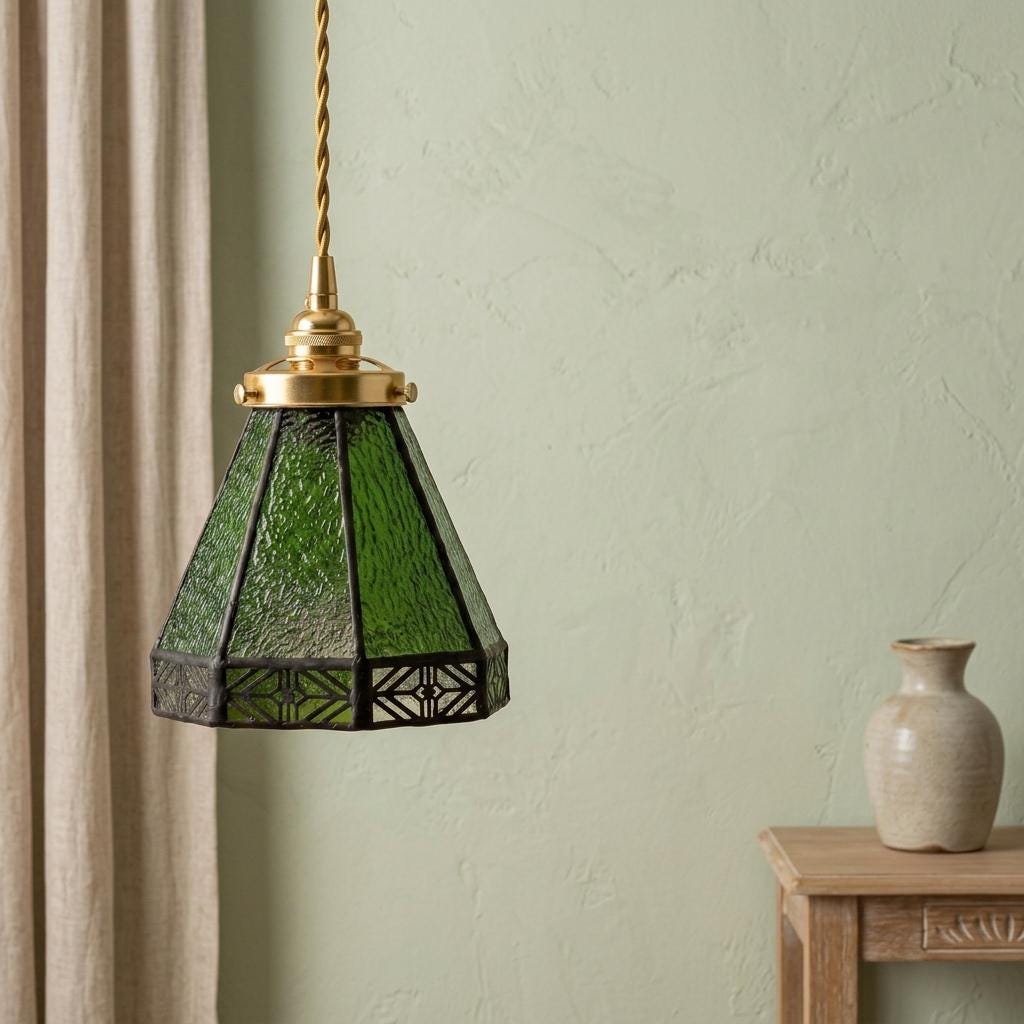 Green Stained Glass Pendant Light, Geometric Art Deco Hanging Lamp, Vintage Boho Kitchen Accent