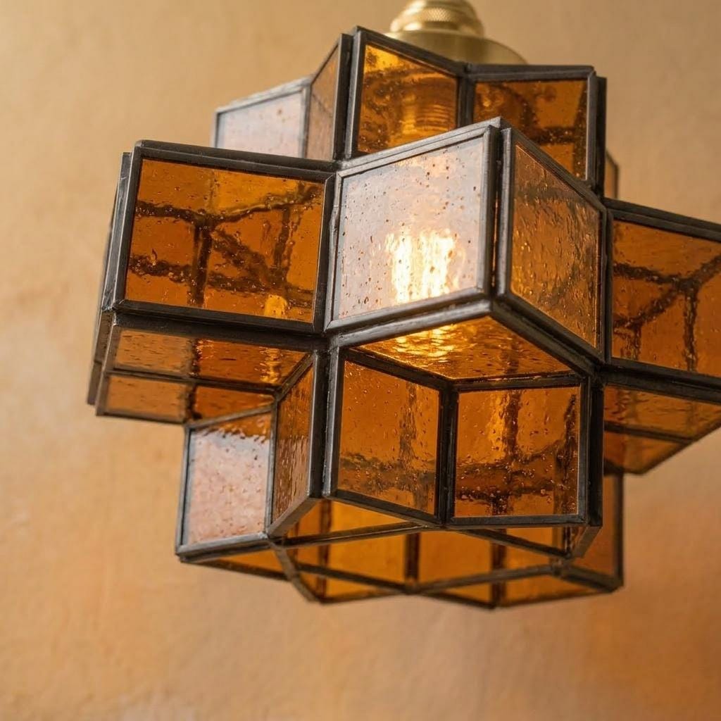 Amber Geometric Stained Glass Pendant Light, Tiered Cube Hanging Lamp