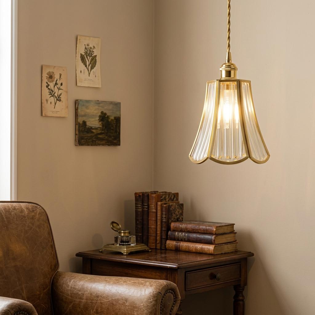Clear Fluted Glass Pendant Light, Brass Tone Art Deco Hanging Lamp