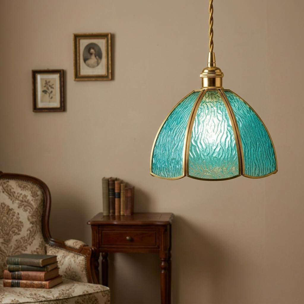 Aqua Blue Textured Glass Dome Pendant Light, Vintage Coastal Brass Fixture