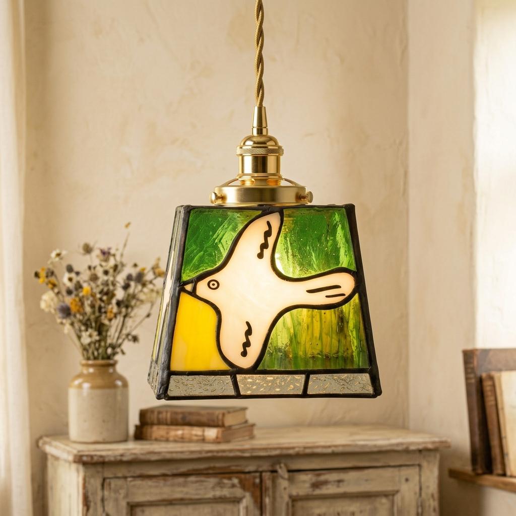 White Dove Stained Glass Pendant Light, Green Yellow Tiffany Style Hanging Lamp, Peace Bird Ceiling Light, Whimsical Home Decor