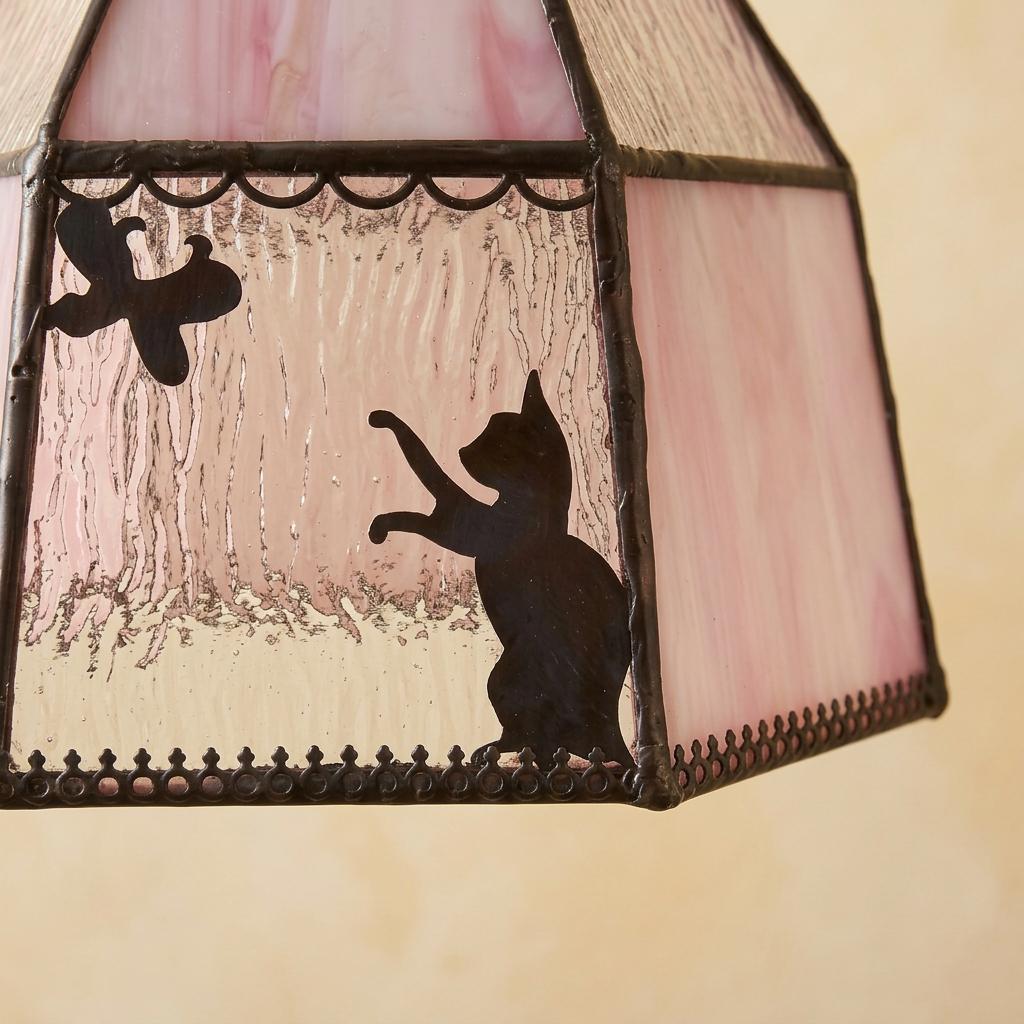Handmade Pink Stained Glass Cat Lampshade, Vintage Style Replacement Shade