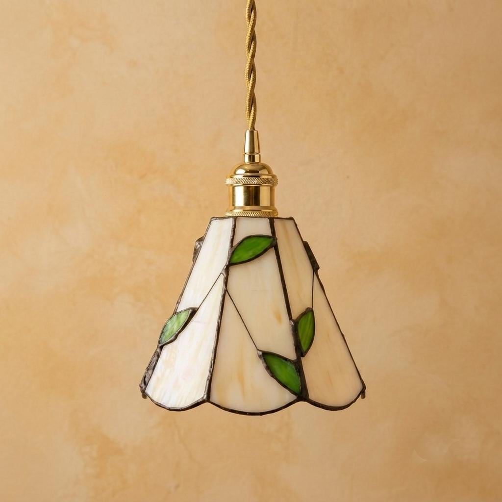 Stained Glass Pendant Light, Green Leaf Vine Hanging Lamp, Cream Scalloped Tiffany Style Ceiling Light, Cottagecore Botanical Decor
