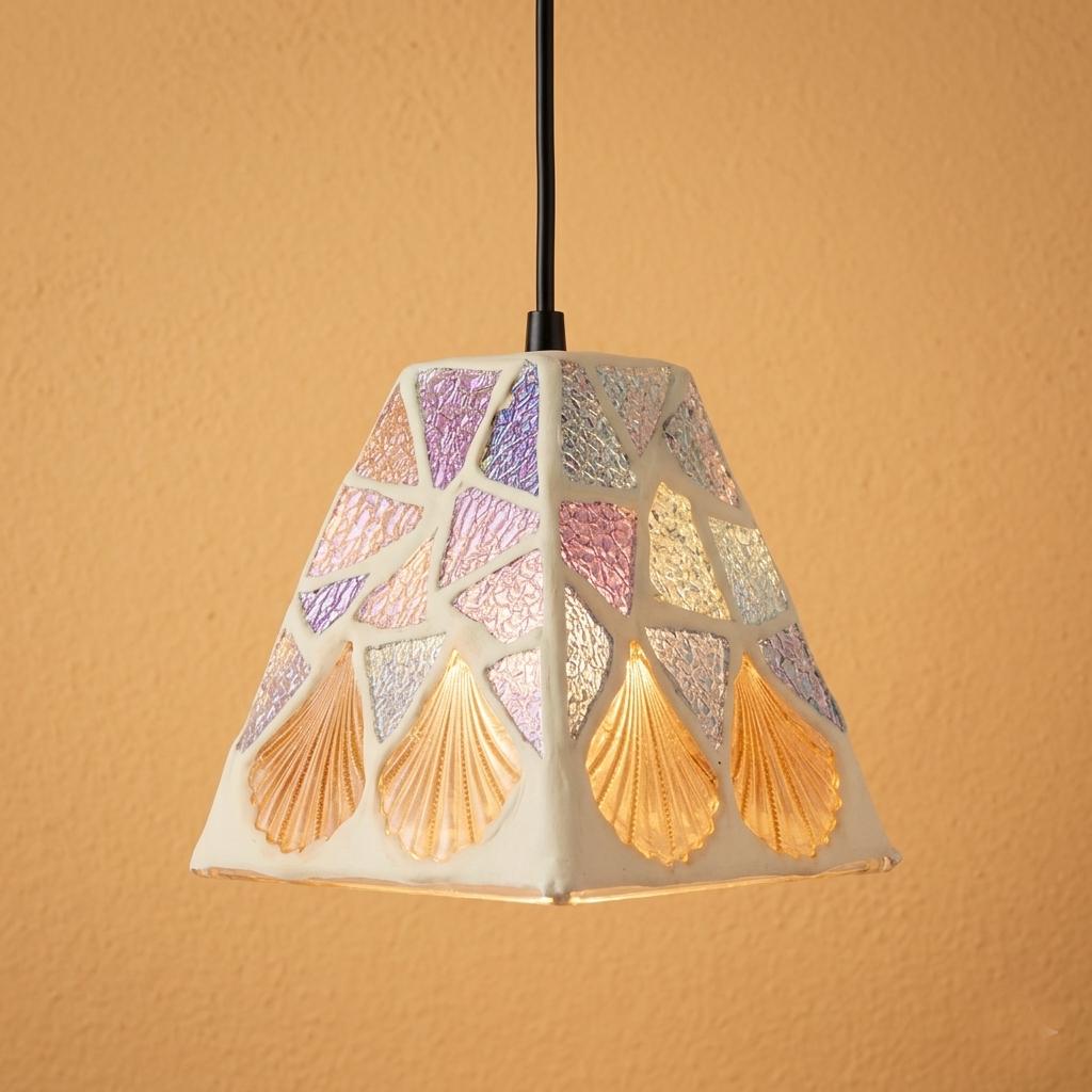 Handcrafted Mosaic Glass Pendant Light , Amber Lavender Seafoam Shell Art Lamp