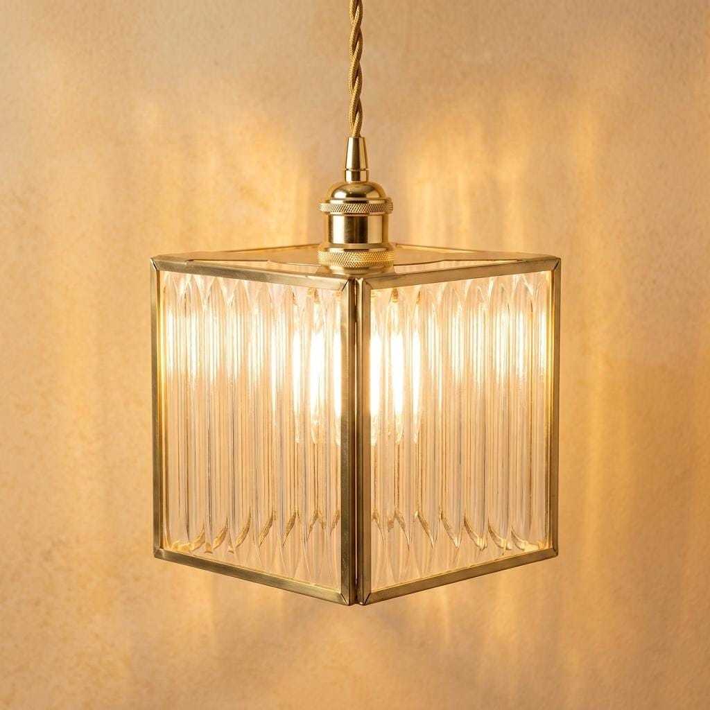 Square Ribbed Glass Pendant Light, Brass Tone Art Deco Hanging Lamp