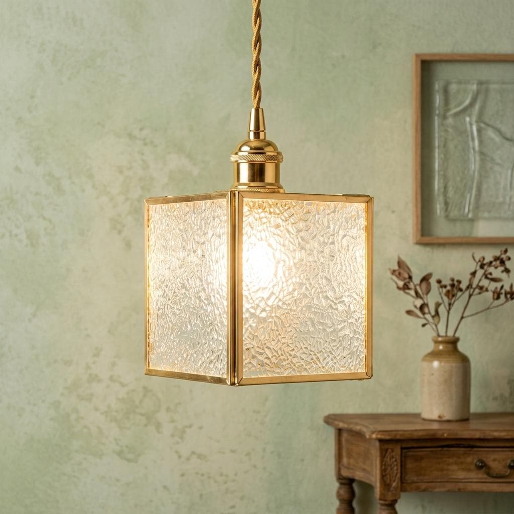 Textured Glass Pendant Light, Square Brass Tone Hanging Lamp, Vintage Style Fixture