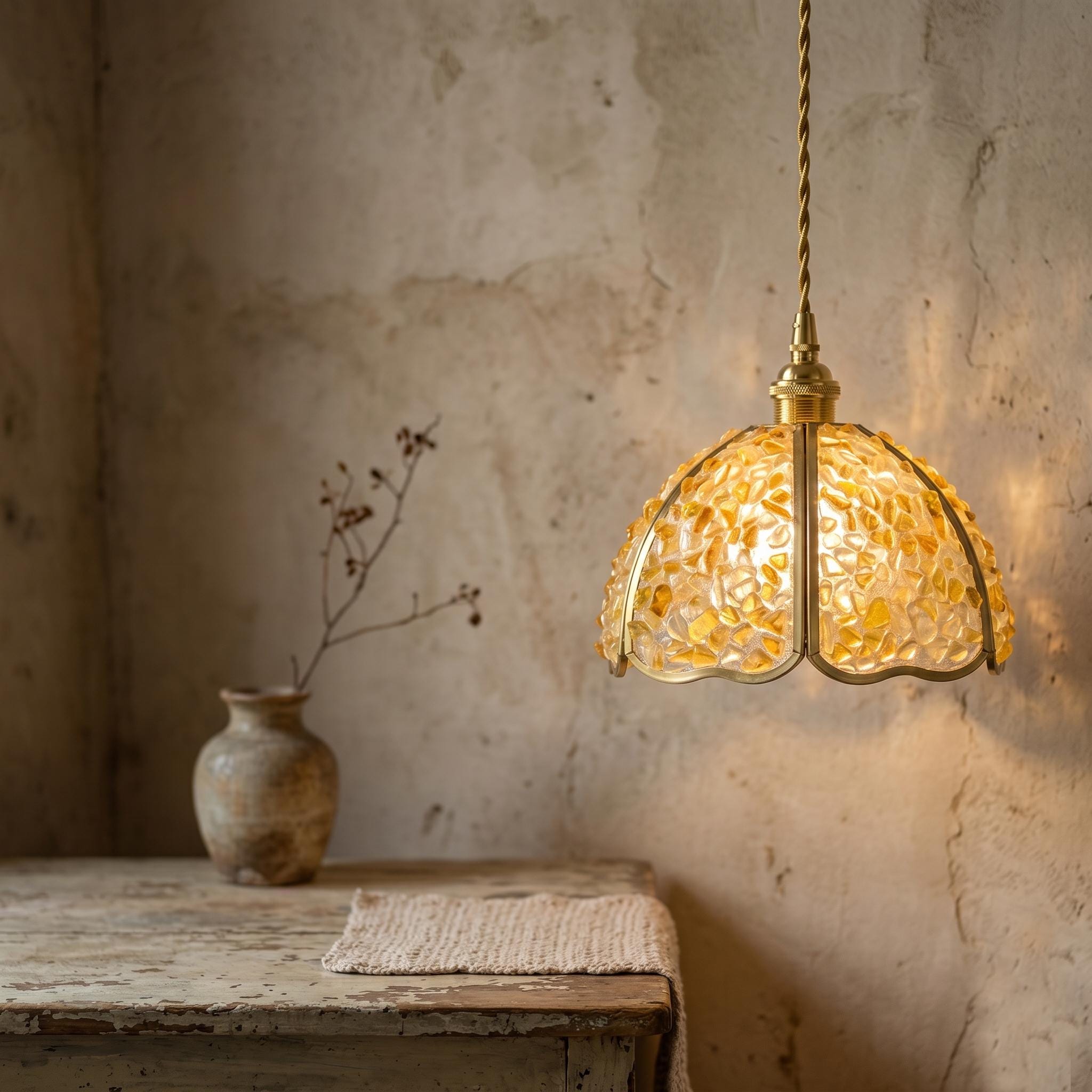 Handmade Amber Agate Mosaic Pendant Light , Scalloped Art Glass Lighting, Cottage Decor Lamp