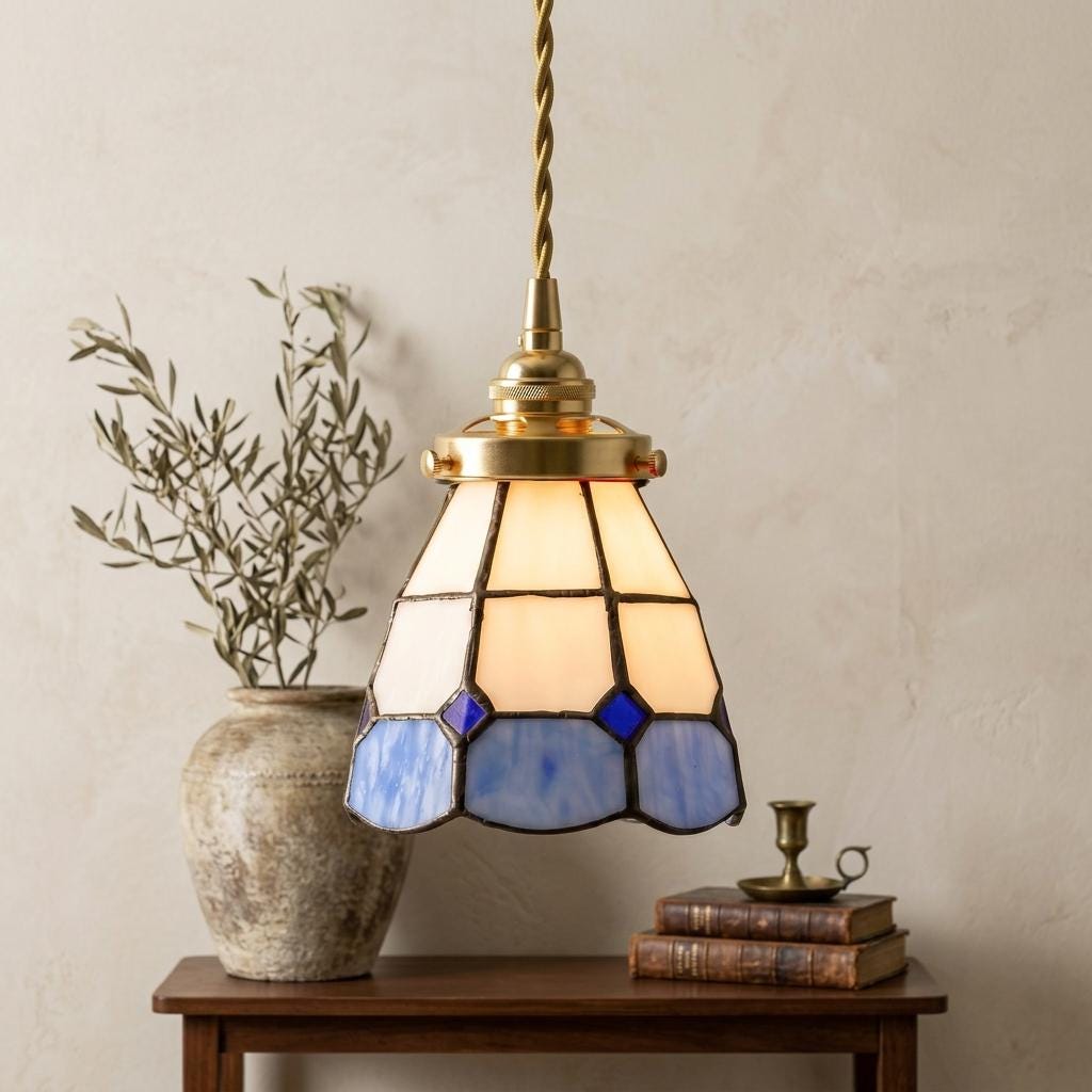 Handmade Blue Cream Geometric Stained Glass Pendant Light, Vintage Boho Mini Hanging Lamp