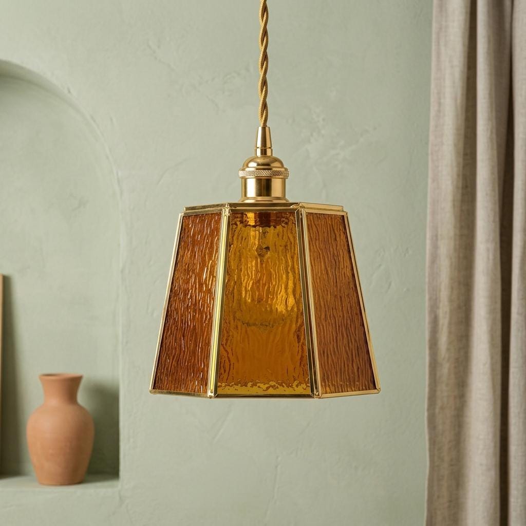 Amber Stained Glass Pendant Light, Small Geometric Tiffany Style Hanging Lamp, Vintage Honey Gold Ceiling Fixture
