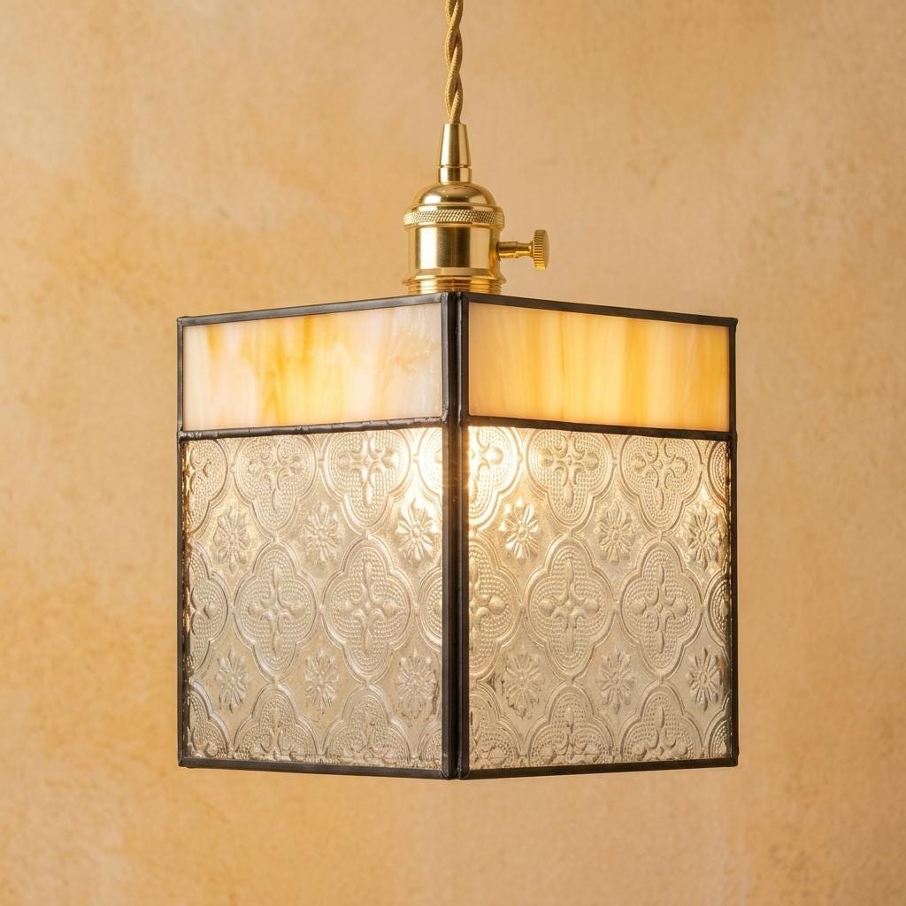 Square Amber Stained Glass Pendant Light, Vintage Decorative Hanging Lamp