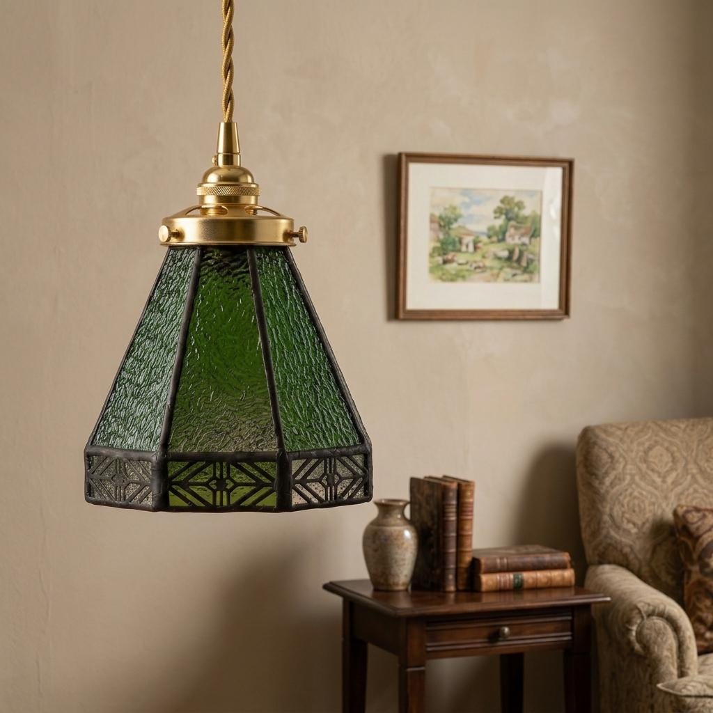 Green Stained Glass Pendant Light, Geometric Art Deco Hanging Lamp, Vintage Boho Kitchen Accent