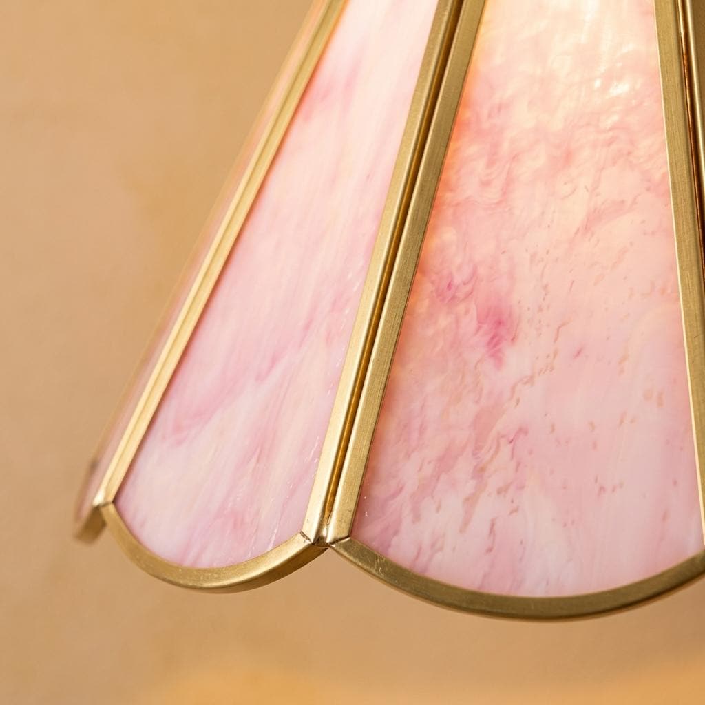 Pink Scalloped Stained Glass Pendant Light, Floral Cottagecore Hanging Lamp
