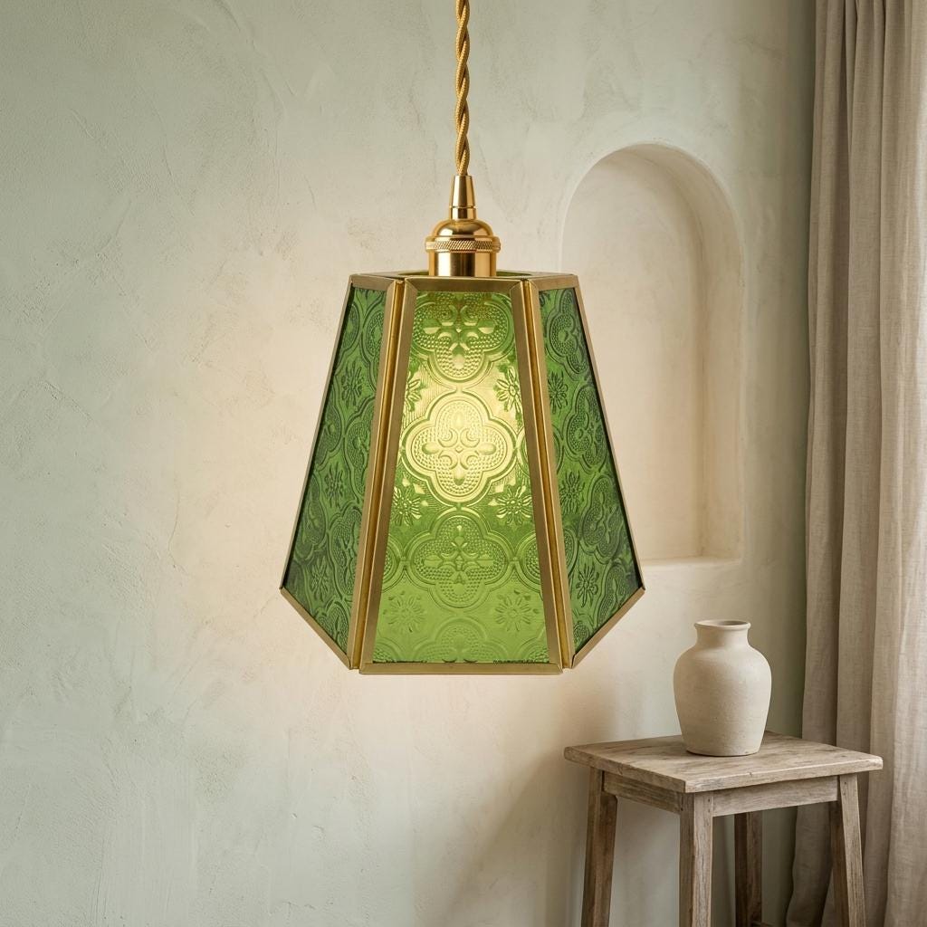 Handmade Green Embossed Glass Lamp Shade, Vintage Brass Art Nouveau Accent Light