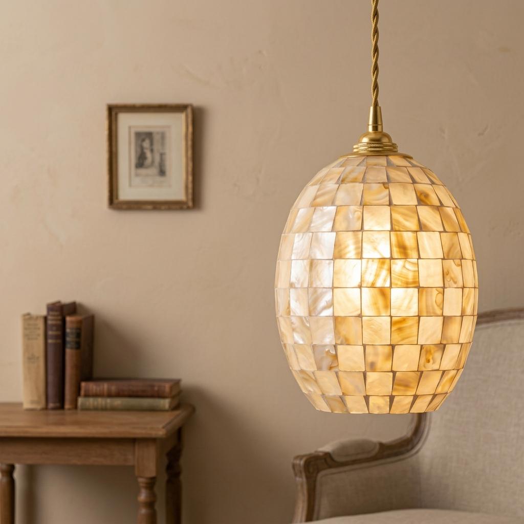 Cream Mosaic Glass Pendant Light Shade, Oval Hanging Lamp Cover, Warm Cottage Decor
