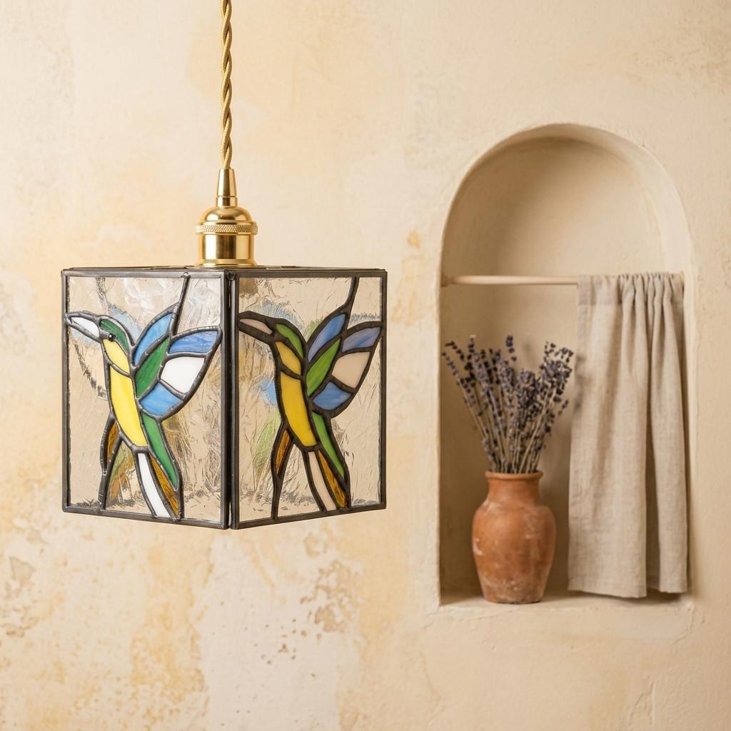 Hummingbird Stained Glass Pendant Light, Colorful Square Hanging Lamp, Tiffany Style Bird Ceiling Light, Boho Accent Lighting
