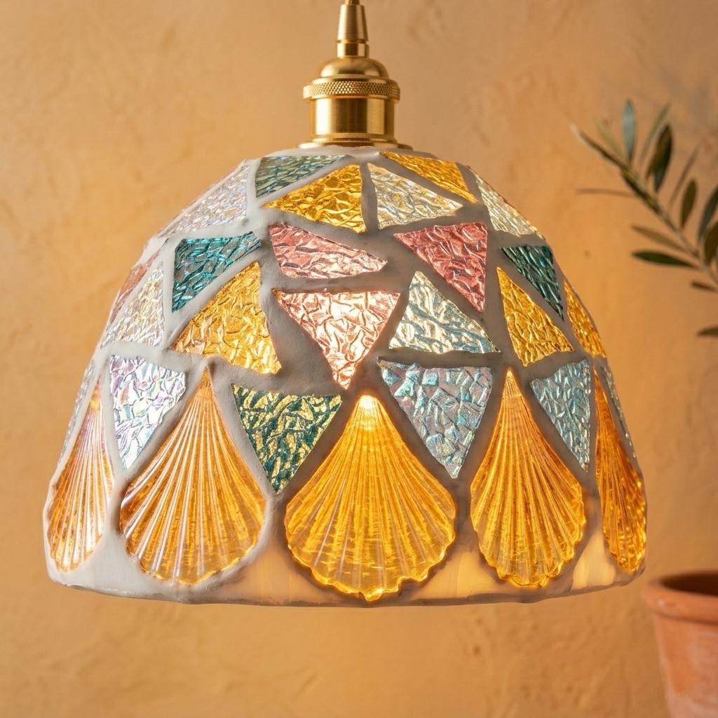 Handmade Mosaic Shell Pendant Light, Coastal Art Glass Hanging Lamp, Beach House Lighting