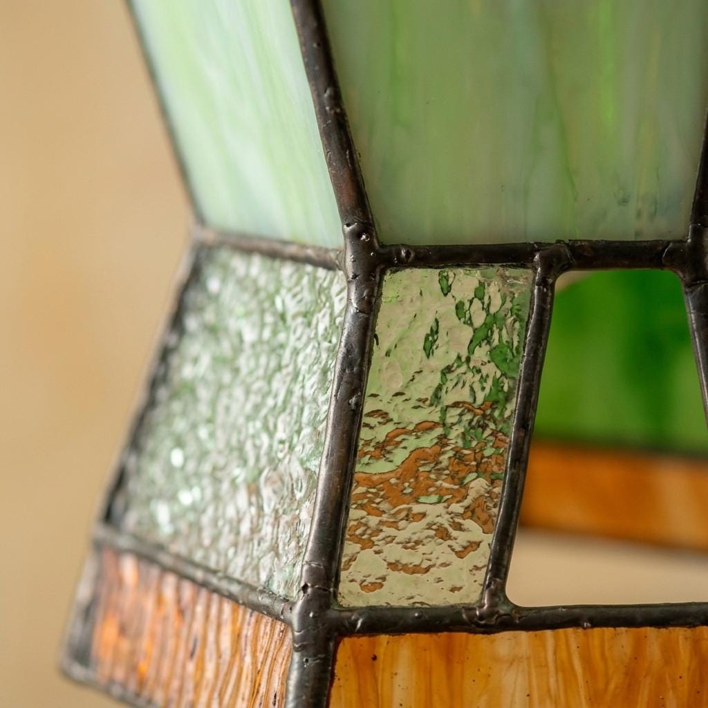 Green Stained Glass Pendant Light, Small Geometric Tiffany Style Hanging Lamp, Art Deco Entryway Ceiling Light