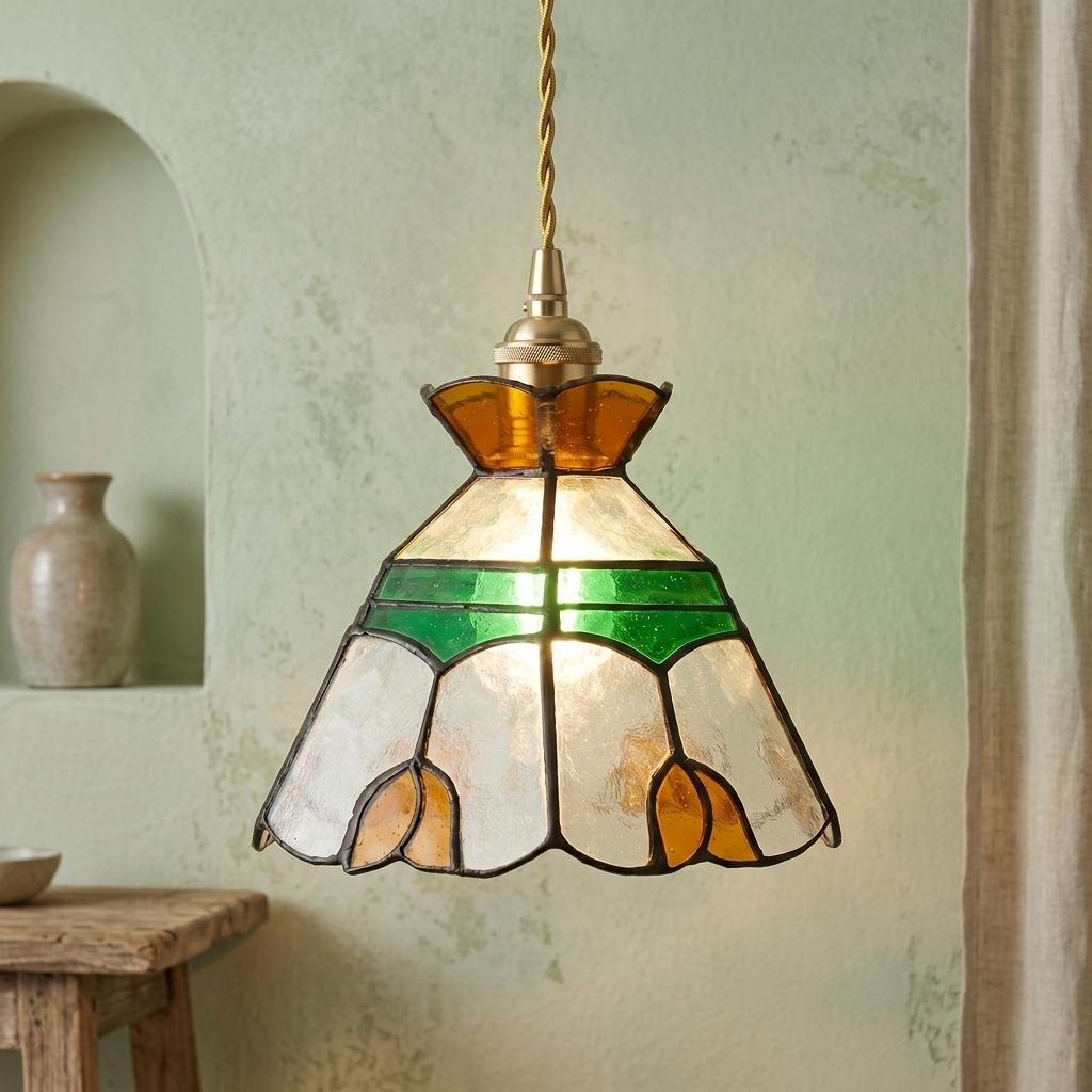 Stained Glass Lamp Shade, Tiffany Style Floral Pendant Light Shade, Green Amber Glass Hanging Lamp, Small Vintage Sconce Shade